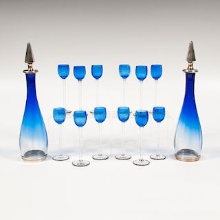 French Sterling and Art Glass Cordial and Decanter Set