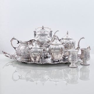 Silver Tea Service, Including Sterling Presentation Pitcher for Captain Williams Lansing of Buffalo, NY