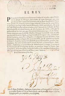 Felipe V. Mandamiento Donde no se Prohibe la Llegada de "Religiosos Indios" a España. Madrid, 1706. Signature.