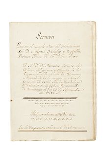 Velasco, Francisco L. de. Sermón que en el cumple años del serenissimo Sor. D. Miguel Hidalgo y Costilla... Tlapuxahua,1812. Handwritten.