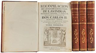 Recopilación de Leyes de los Reynos de las Indias. Madrid: Por A Balbas, 1756. Va dividida en cuatro Tomos y Nueve Libros. Pieces: 4.