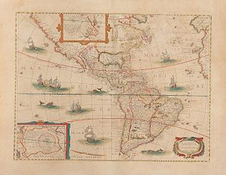Hondio, Henrico. America Noviter Delineata. Amsterdam, 1631. Coloured engraving map, 37.5 x 50 cm. French text on back.