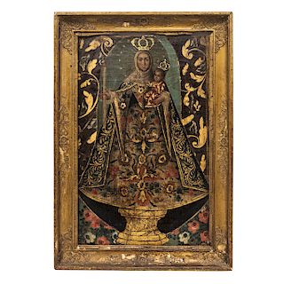 VIRGEN AMPONA CON NIÑO. MÉXICO, SIGLO XVIII. Óleo sobre tela, adherido a tabla. 52 x 33 cm
