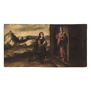 ESCENA DE MADONA CON DONANTE. MÉXICO, S.XVIII. Óleo sobre tela. Figura de un donante con una ofrenda frente a la Virgen. 42 x 81.5 cm
