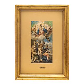 MANUEL ITUARTE (MÉX., 1877-1937). DESPUÉS DE PAOLO VERONESE (ITALIA, 1528-1588). MADONA EN GLORIA CON SANTOS. Acuarela. 33.5 x 16.5 cm