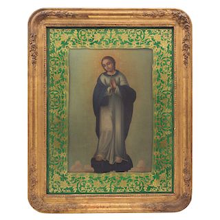 VIRGEN DE LA INMACULADA CONCEPCIÓN. MÉXICO, PRINCIPIOS DEL SIGLO XIX. Óleo sobre tela, detallado al oro. 48 x 33 cm