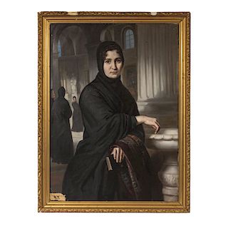 FELIPE SANTIAGO GUTIÉRREZ (MÉX., 1824-1904). CHILENA EN TRAJE DE IGLESIA. Óleo/ tela. Firmado y fechado: "Gutiérrez 1890". 106 x 77 cm