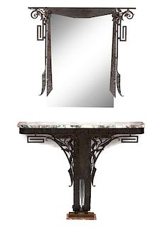 An Art Deco Iron Work and Marble Top Console Table with Mirror Height of console 32 x width 39 x 10 inches.