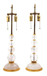 A Pair of Gilt Bronze Mounted Rock Crystal Table Lamps Height 28 1/2 inches overall.