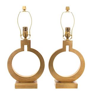 A Pair of Modern Brushed Gilt Metal Circular Lamps Height overall 19 3/4 inches.