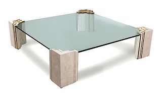 A Contemporary Tesselated Stone and Brass Glass Top Coffee Table Height 17 x squared diameter 63 1/2 inches.