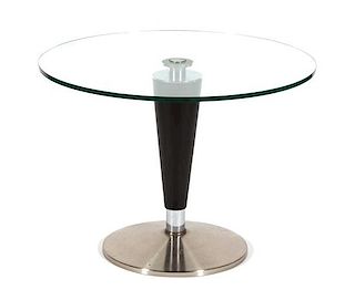 A Contemporary Glass Top Steel Coffee Table Height 20 1/4 x diameter 27 1/2 inches.
