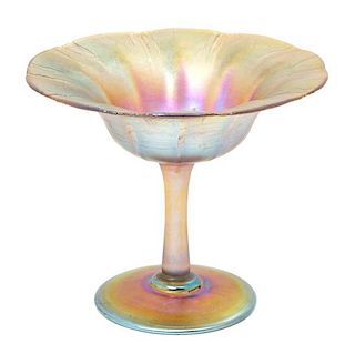 A Tiffany Studios Favrile Glass Compote Height 4 1/2 x diameter 5 1/2 inches.