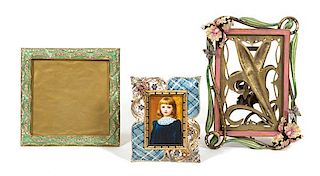 A Group of Three Jay Strongwater Jeweled and Enameled Easel Back Picture Frames Height of largest 8 1/8 x width 6 1/4 inches.