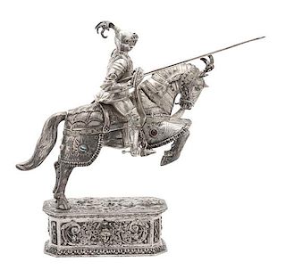 A German Hanau Silver Knight Mounted on Horseback, 19TH CENTURY, the horse armor mounted with agate cabochons.
