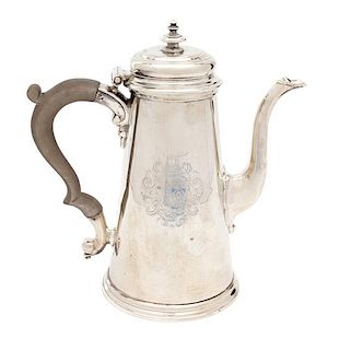 A George II Silver Coffee Pot, Jonathan Swift, London, 1737, having a treen handle, engraved armorial