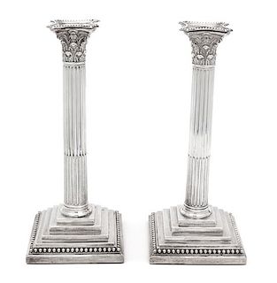 A Pair of English Weighted Silver Columnar Candlesticks, William Hutton & Sons, London, 1890,