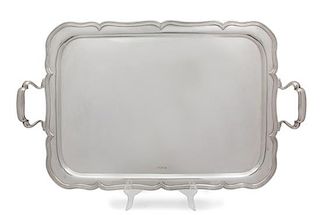 An English Silver Two-Handle Serving Tray, Atkin Brothers, Sheffield, 1911, having a reded scalloped border