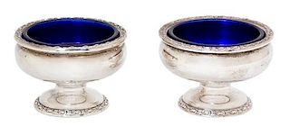 A Pair of American Silver Footed Open Salts, Frank Whiting, Attleboro, MA, 20th Century, with cobalt glass liners