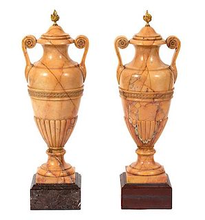 A Pair of Italian Crema Valencia Marble Double-Handled Urns Height 30 x diameter 10 1/2 inches.