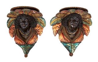 A Pair of Venetian Polychrome and Parcel Gilt Blackamoor Bust Wall Brackets Height 19 1/2 inches.