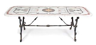 An Italian Pietra Dura Marble Top Table on Ironwork Base Height 31 x width 86 3/4 x depth 35 1/2 inches.