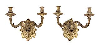 A Pair of Louis XV Style Gilt Bronze Two Light Wall Sconces Height 10 1/2 inches.