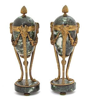 A Pair of Louis XVI Style Gilt Bronze Mounted Marble Cassoulets Height 10 1/2 x diameter 3 1/2 inches.