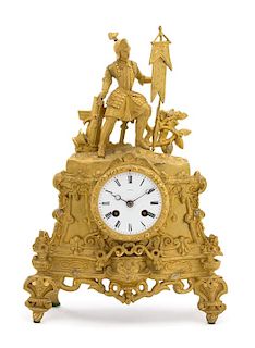 A French Gilt Bronze Figural Mantle Clock Height 16 x width 10 x depth 3 inches.