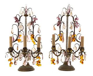 A Pair of French Gilt Metal and Glass Three-Light Girandoles Height 20 x width 11 x depth 8 inches.