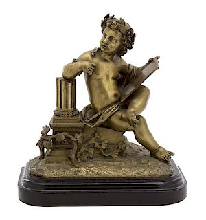 A French Gilt Bronze Model of a Putto with Tablet Leaning on a Column Height 11 1/2 x width 10 x depth 4 inches.