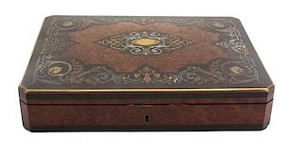 A French Brass and Silver Inlaid Burlwood Games Box Height 2 1/4 x width 12 x depth 9 inches.