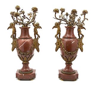 A Pair of Louis XVI Stlye Rouge Marble and Gilt Bronze Mounted Urns Height 25 x diameter 10 1/2 inches.