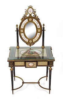 A Napoleon III Enamel and Gilt Bronze Mounted Dressing Table with Porcelain Inserts Height 60 x width 31 x depth 21 inches.