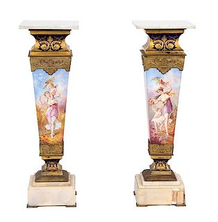 A Pair of Gilt Bronze Mounted Sevres Style Porcelain, Marble and Onyx Pedestals Height 40 1/2 inches.