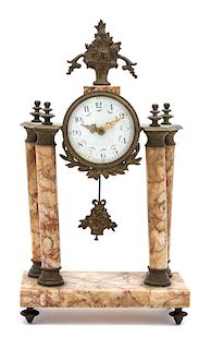 A French Marble and Bronze Desk Clock Height 15 1/2 x width 8 1/2 x depth 5 inches.
