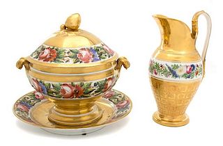 Two Paris Porcelain Polychrome and Gilt Decorated Porcelain Pieces Height of ewer 11 inches.