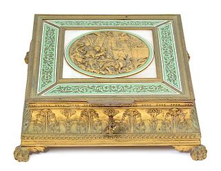 A French Gilt Bronze Covered Box with Enamel Decoration Height 3 x width 8 1/2 x depth 8 1/2 inches.
