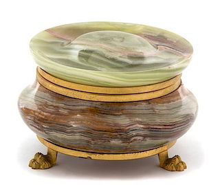 A French Gilt Bronze Mounted Onyx Hinged-Top Circular Box Height 3 1/8 x diameter 5 1/2 inches.