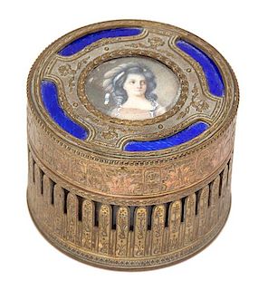 Two French Gilt Bronze and Enamel Portrait Snuff Boxes Height of largest 1 x width 3 1/2 inches.