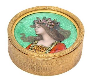 An Art Nouveau Style Enamel and Gilt Metal Snuff Box Diameter 3 1/4 inches.