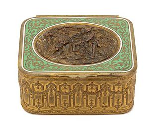 A French Gilt Bronze and Enamel Box Height 1 1/4 x width 3 3/4 x depth 3 1/8 inches.