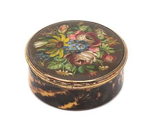 A French Gilt Metal, Faux Tortoiseshell and Painted Snuff Box Diameter 3 inches.