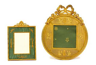Two French Gilt Bronze and Green Moire Silk Easel Back Frames Larger, Height 15 x width 12 1/2 inches.