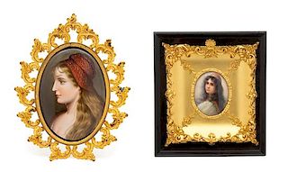 Two Painted Portraits on Porcelain in Gilt Frames