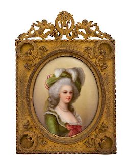 A French Hand Painted Portrait Miniature on Porcelain of Young Lady of the Court Height 5 3/4 x width 4 1/8 inches.