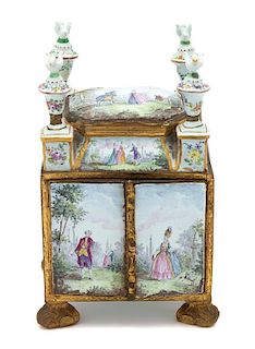 A Viennese Enamel and Gilt Bronze Neccessaire Height 6 1/2 x width 4 1/4 x depth 3 3/4 inches.