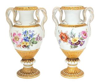 A Pair of Meissen Porcelain Parcel Gilt Snake-Handled Vases Height 14 x width 6 1/4 inches.