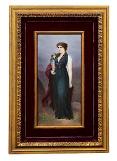A KPM Plaque of Woman with Vase Height 12 x width 5 3/4 inches.