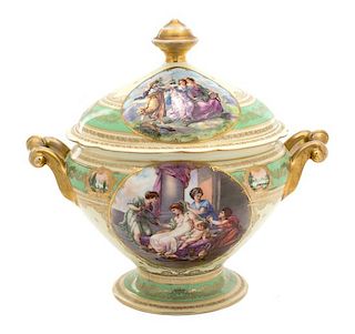 A Royal Vienna Porcelain Polychrome and Gilt Decorated Soup Tureen Height 13 1/2 x width 12 1/2 x depth 10 inches.